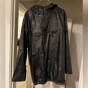 Rains , black pull over hooded rain jacket with stomach pocket, size medium